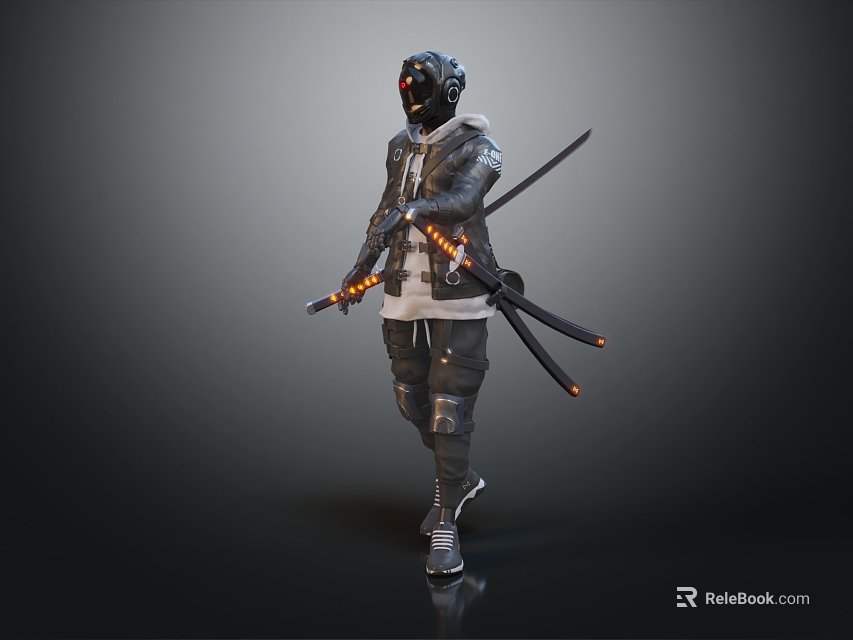 Game Movie Character Wearing Helmet Headphones Leather Jacket With Samurai Swords Tech Orange Glowing Effects 3d model 