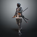 Game Movie Character Wearing Helmet Headphones Leather Jacket With Samurai Swords Tech Orange Glowing Effects