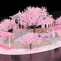 Pink Cherry Blossom Landscape With Pavilion Ferris Wheel And Floating Petals On Water