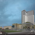 Modern High Rise Office Building With Glass Curtain Wall And Urban Street Greenery
