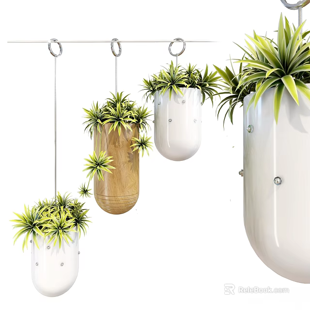 Hanging Decorative Plant Pot Set With White Wooden Planters And Green Plants 3d model 