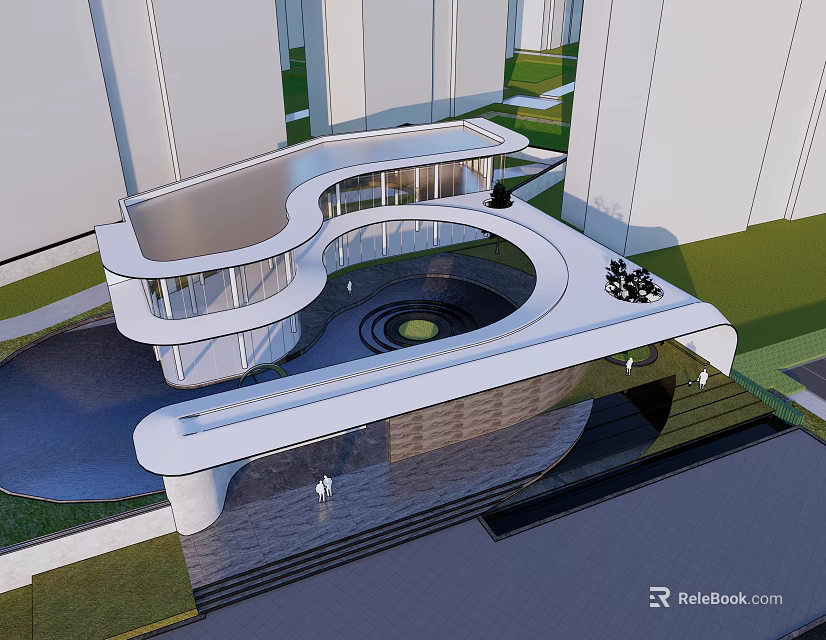 Modern Curved Sales Office Building With Open Courtyard And Glass Facade 3d model 
