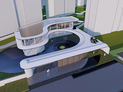 Modern Curved Sales Office Building With Open Courtyard And Glass Facade 3d model