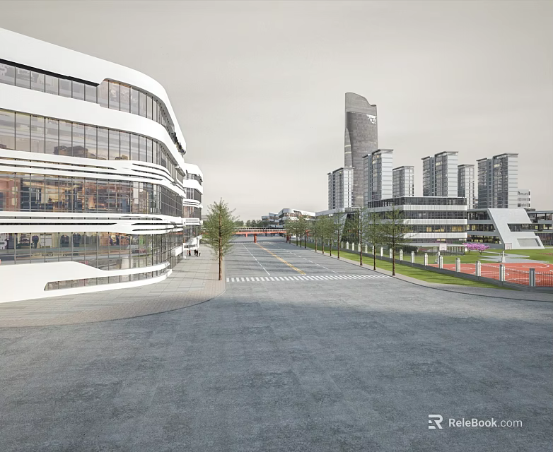 Aerial View Planning of Modern Urban Area With Curved Buildings Wide Road and Greenery 3d model 