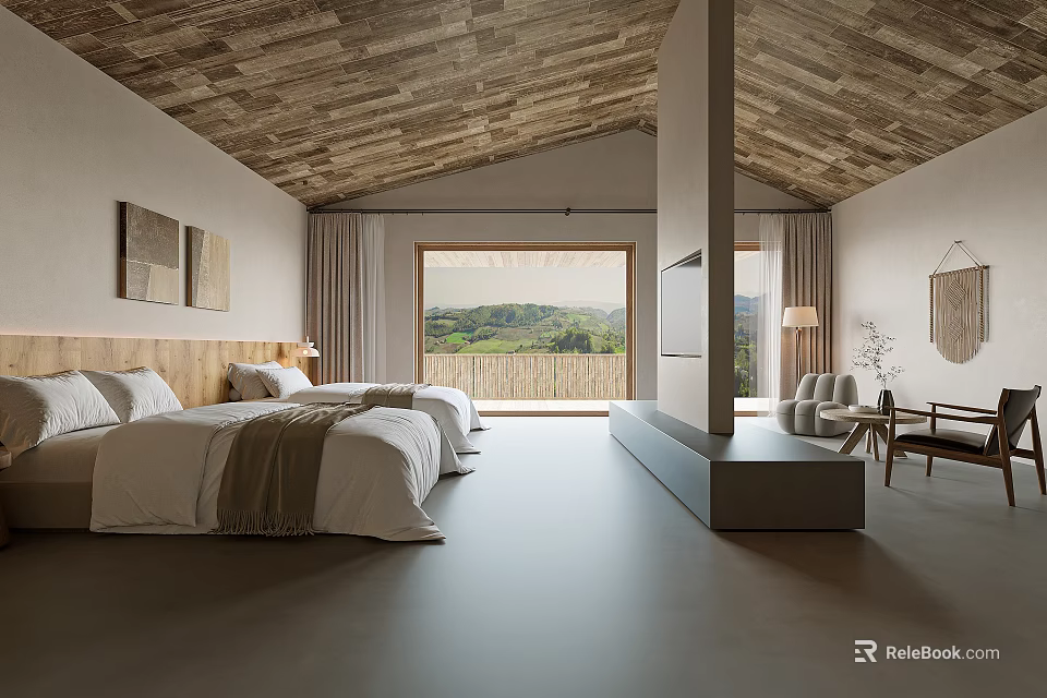 Hotel Room Interior With Wooden Ceiling Two Beds White Linens And Mountain View 3d model 