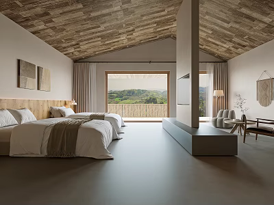 Hotel Room Interior With Wooden Ceiling Two Beds White Linens And Mountain View 3d model
