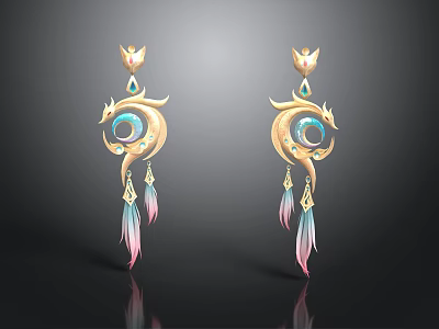Elegant Golden Earrings Featuring Blue Gem And Pink Feather Tassels Design 3d model