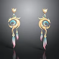 Elegant Golden Earrings Featuring Blue Gem And Pink Feather Tassels Design