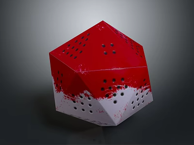 Red And White Polyhedron Object With Perforated Surface And Geometric Design 3d model