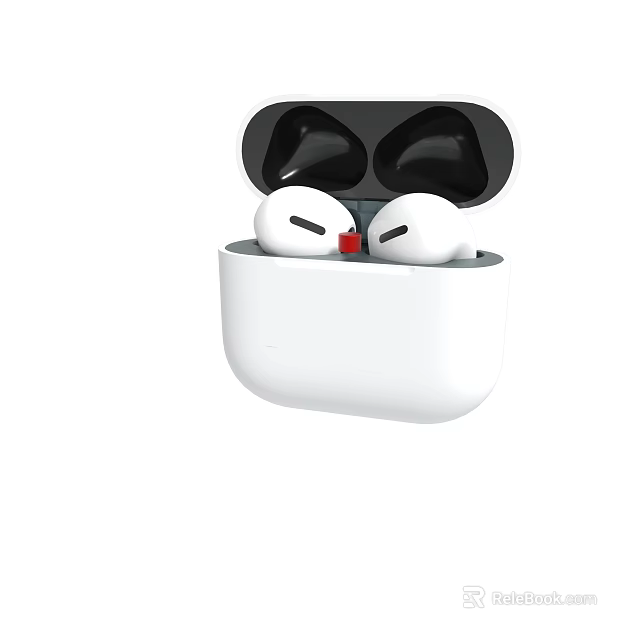 White Wireless Earbuds In Open Charging Case With Black Tips And Red Indicator 3d model