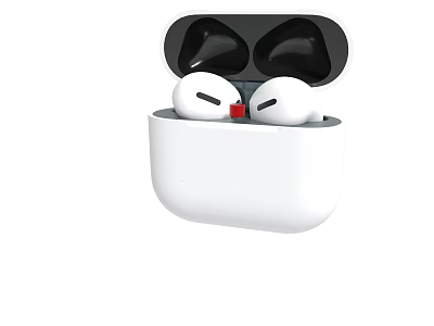 White Wireless Earbuds In Open Charging Case With Black Tips And Red Indicator 3d model