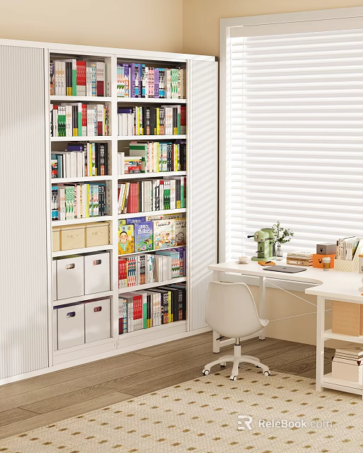 White Bookshelf With Colorful Books Storage Boxes And Study Desk With Lamp Green Plant 3d model 