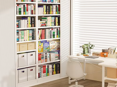 White Bookshelf With Colorful Books Storage Boxes And Study Desk With Lamp Green Plant 3d model