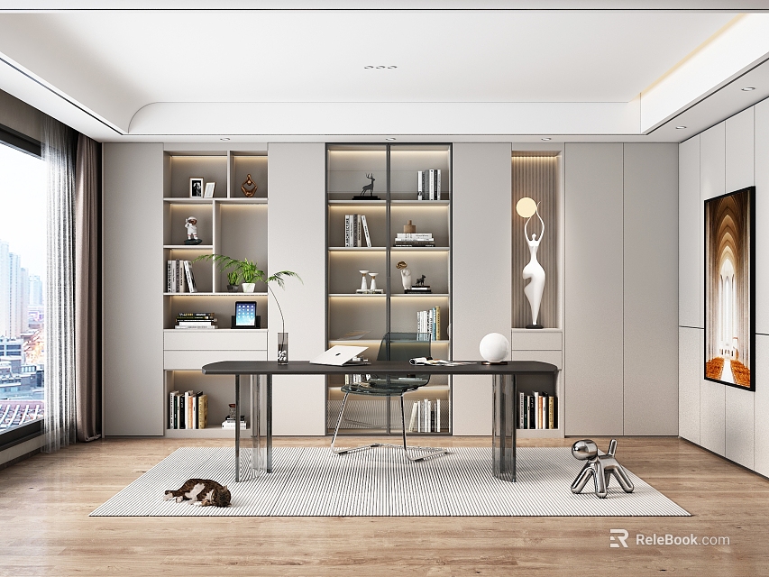 Modern Study Room Interior With Wooden Desk Bookshelves Large Window And Comfortable Chair 3d model 