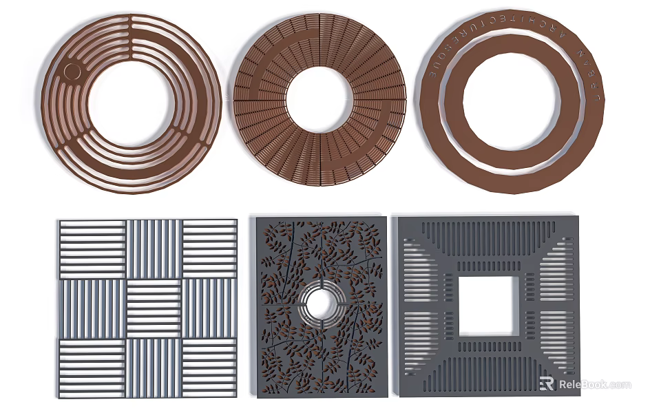 Decorative Tree Grates With Circular And Square Designs And Intricate Surface Patterns 3d model