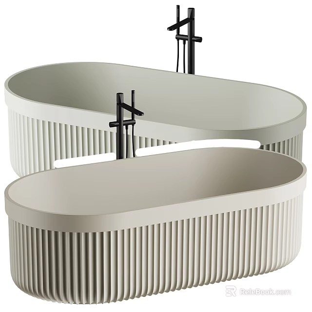 Two Modern Neutral Ribbed Freestanding Bathtubs With Black Faucets And Elegant Design 3d model 