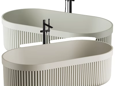 Two Modern Neutral Ribbed Freestanding Bathtubs With Black Faucets And Elegant Design 3d model