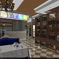 Modern Internet Cafe Interior With Chandelier Digital Menu Board Bar Counter Bookshelves And Green Plants