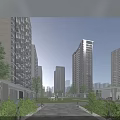 Modern Residential Buildings in Urban Community With Green Lawn And Tree Lined Pathway