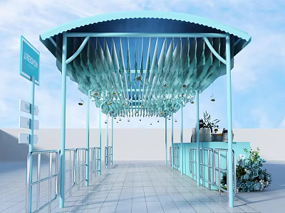 Blue Canopy Photo Check In Spot With White Pillars Leaf Decor And Green Plants 3d model