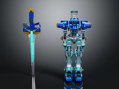 Game Movie Character Blue Silver Mechanical Robot With Yellow Glowing Sword 3d model