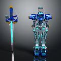 Game Movie Character Blue Silver Mechanical Robot With Yellow Glowing Sword