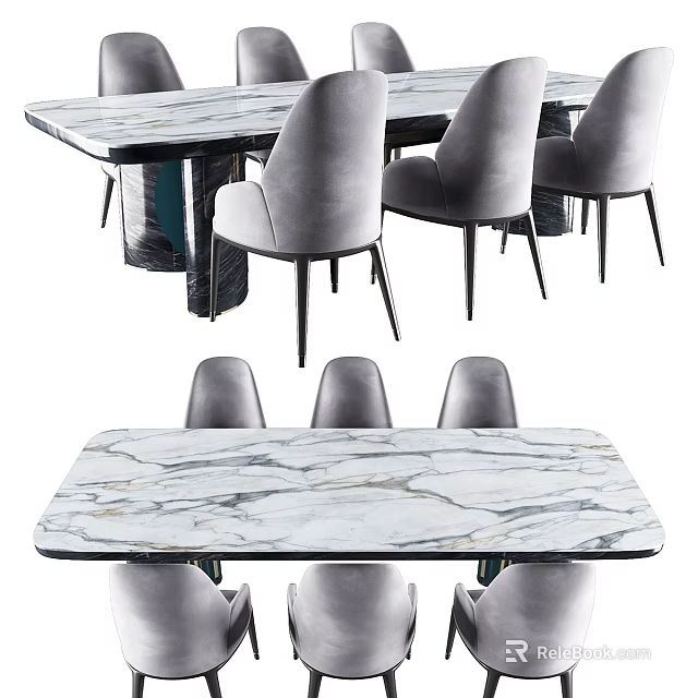Elegant Modern Dining Table Set With Marble Tabletop And Gray Chairs 3d model
