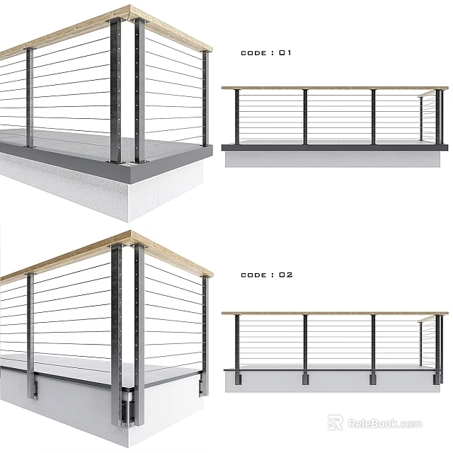 Modern Balustrade Components Featuring Metal Frames Wood Handrails And Horizontal Bars 3d model 
