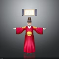 Traditional Chinese Red Robe Costume Figure With Yellow Belt Hat And Scroll Background
