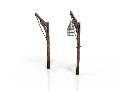 Two Rustic Wooden Architectural Structures With Chains And Hanging Lantern 3d model