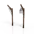 Two Rustic Wooden Architectural Structures With Chains And Hanging Lantern