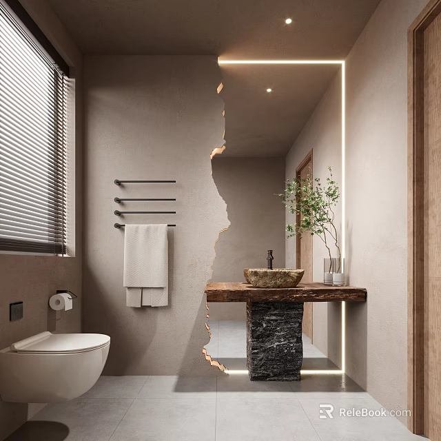 Modern Bathroom Interior Design With Lighted Mirror Stone Sink Counter Wooden Elements And Plant 3d model 