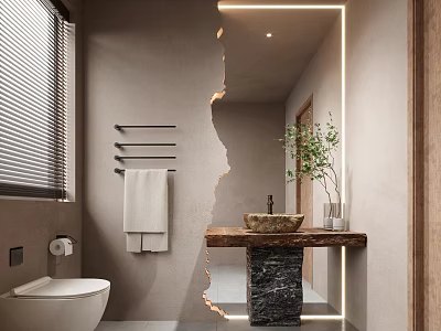 Modern Bathroom Interior Design With Lighted Mirror Stone Sink Counter Wooden Elements And Plant 3d model