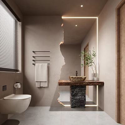 Modern Bathroom Interior Design With Lighted Mirror Stone Sink Counter Wooden Elements And Plant 3d model
