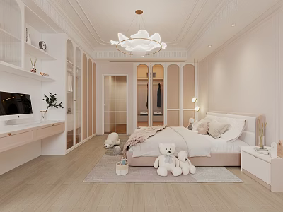 Pastel Pink Kids Room Interior With Bed Stuffed Teddy Bears Study Desk And Chandelier 3d model