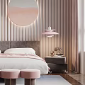 Elegant Modern Bedroom Interior With Striped Wall Panel Circular Art And Pink Stools