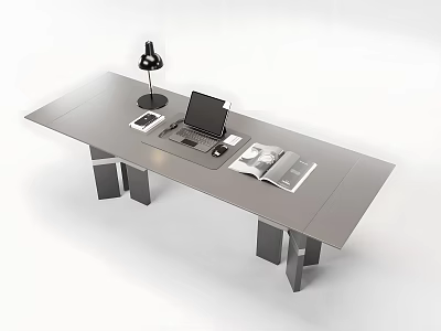 Modern Office Desk with Laptop Desk Lamp and Magazines and Geometric Legs Design 3d model
