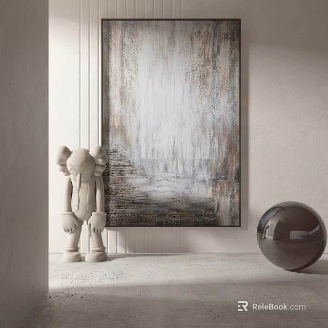 Modern Minimalist Interior With Abstract Painting Sculpture And Metallic Sphere Decor 3d model 