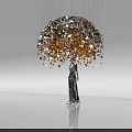 Art Installation Featuring Umbrella Shaped Structure With Hanging Colorful Circular Pieces And Human Figure