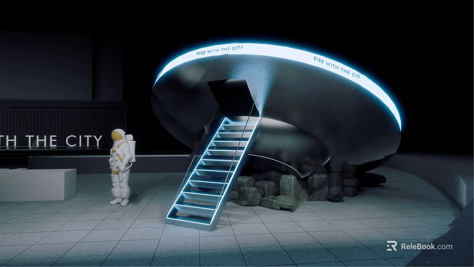 Astronaut Standing By Future City Structure With Lit Stairs Exploring Mars 3d model