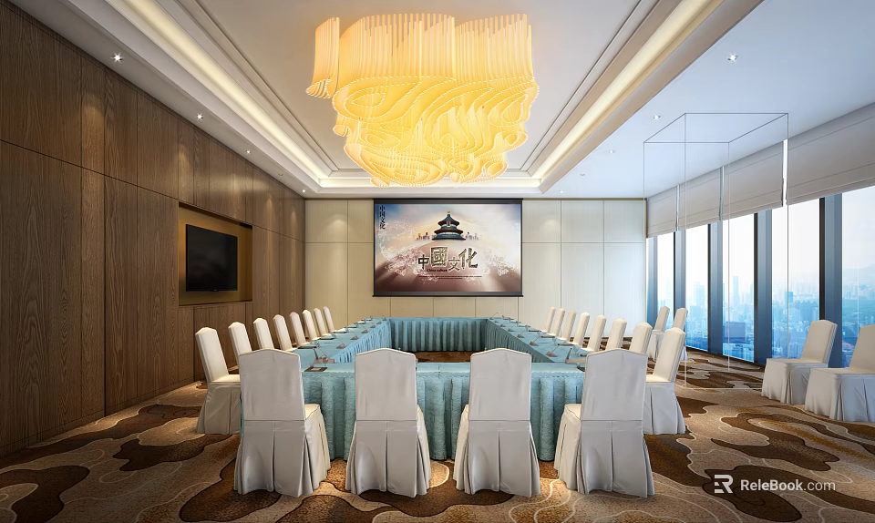 Spacious Conference Room With Large Chandelier Round Table White Chairs And City View 3d model 