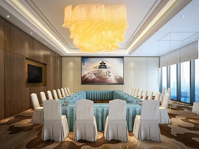 Spacious Conference Room With Large Chandelier Round Table White Chairs And City View 3d model