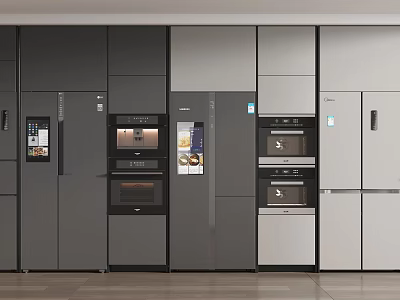 Modern Kitchen Interior Design With Built In Grey And White Refrigerators And Freezers 3d model