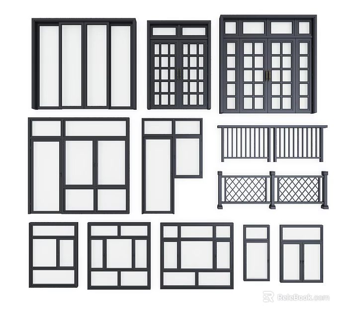 Casement Windows Featuring Various Design Styles And Glass Panel Grid Patterns 3d model