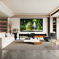 Modern Living Room Interior With White Sofa TV Wall Fireplace And Plants