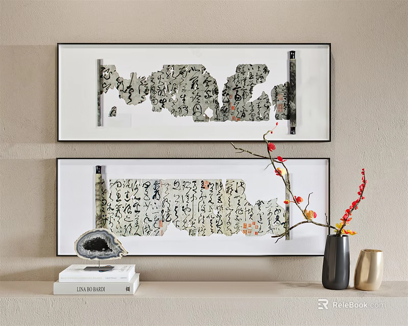Chinese Calligraphy Wall Art with Ancient Script and Decorative Vase in Modern Interior 3d model 