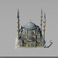 Traditional Islamic Mosque Architecture With Blue Main Dome Multiple Domes And Four Minarets