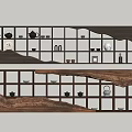 Decorative Wooden Display Shelf with Multiple Compartments Ceramic Vases Tea Sets Natural Wood Grain Design