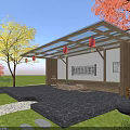 Chinese Style Pergola Featuring Glass Roof Red Lanterns Stone Bench And Surrounding Trees