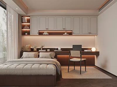Minimalist Tatami Bedroom Interior With Platform Bed Storage Cabinets And Desk Lighting 3d model